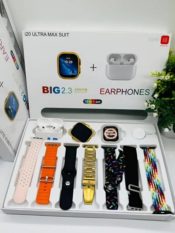 I20 Ultra Max Suit – 2.3" Smart Watch + 7 Straps + AirPods 2 | 10-in-1 Gift Box