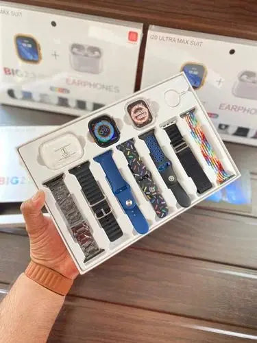 I20 Ultra Max Suit – 2.3" Smart Watch + 7 Straps + AirPods 2 | 10-in-1 Gift Box