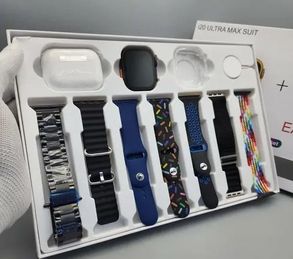 I20 Ultra Max Suit – 2.3" Smart Watch + 7 Straps + AirPods 2 | 10-in-1 Gift Box