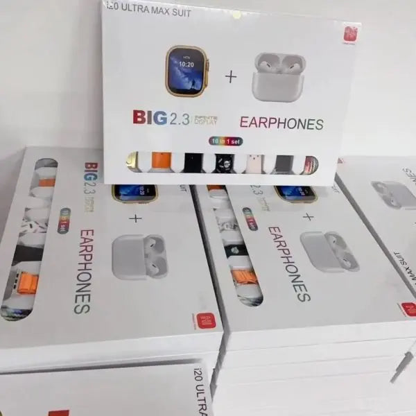 I20 Ultra Max Suit – 2.3" Smart Watch + 7 Straps + AirPods 2 | 10-in-1 Gift Box