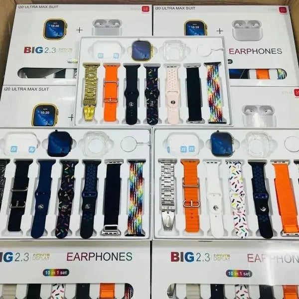 I20 Ultra Max Suit – 2.3" Smart Watch + 7 Straps + AirPods 2 | 10-in-1 Gift Box