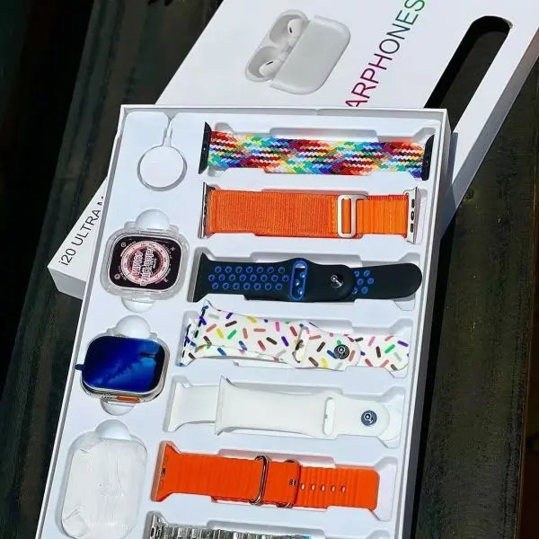 I20 Ultra Max Suit – 2.3" Smart Watch + 7 Straps + AirPods 2 | 10-in-1 Gift Box