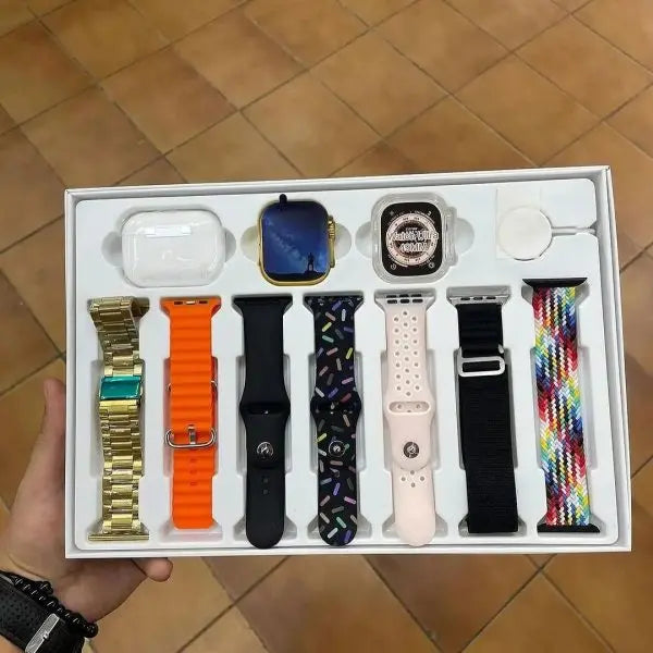 I20 Ultra Max Suit – 2.3" Smart Watch + 7 Straps + AirPods 2 | 10-in-1 Gift Box