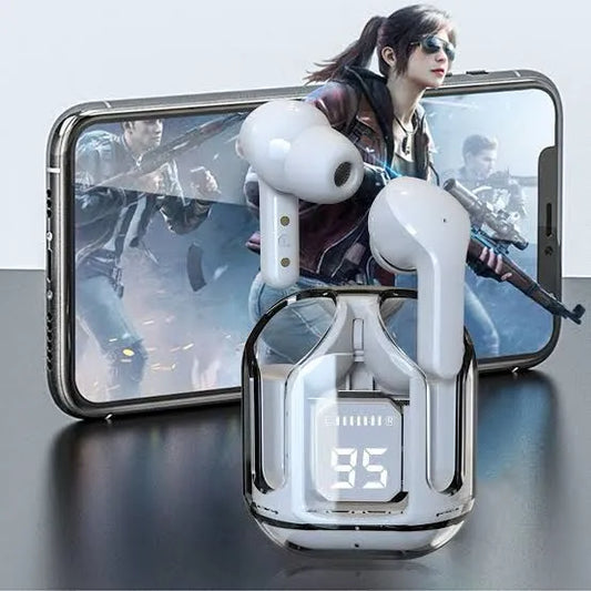Air31 Bluetooth Earbuds with sleek transparent design and HD sound