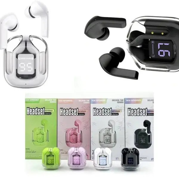 Air31 transparent Bluetooth earbuds with LED charging case