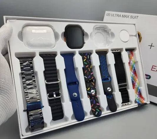 I20 Ultra Max Suit – 2.3" Smart Watch + 7 Straps + AirPods 2 | 10-in-1 Gift Box